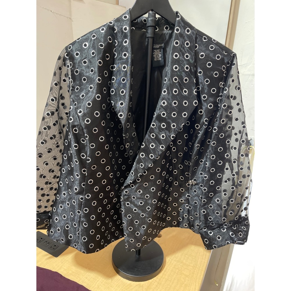 Bay Studio Evenings Black Sheer Mesh Metallic Silver Circle‎ Blazer Jacket XL